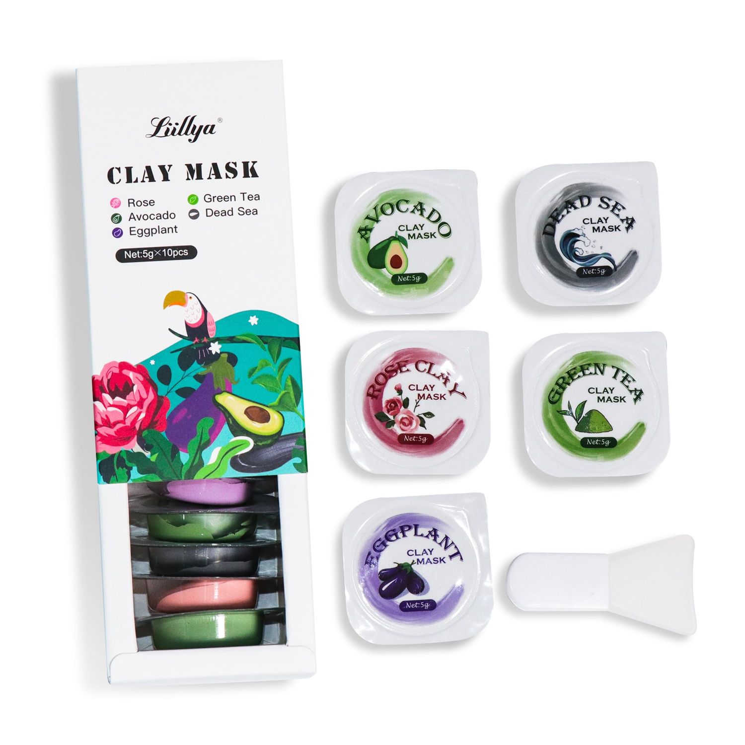 Liillya 10 Pods Mud Mask Clay Mask Mini Face Mask Set with Silicone Mask Brush Pore Cleansing Blackhead Removal Hydrating Natural Skincare Beauty Gifts for Women &amp; Men, Travel Size 50g