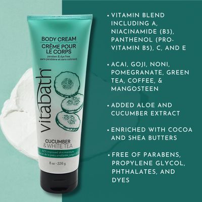 Vitabath Cucumber &amp; White Tea Moisturizing Body Cream - Soothing Hydration Vitamin &amp; Nutrient Skin Care - Replenishing All Over Dry Skin Lotion Moisturizer for Women &amp; Men - 8 Ounce