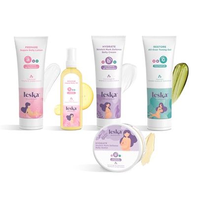 Leska Maternity Set | Belly Lotion, Belly Oil, Stretch Mark Defense Cream &amp; Belly Butter, Toning Gel | Maternity Stages Skin Care for Pregnancy &amp; Postpartum |New Mom Gifts (Set of 5, 4-4.93oz each)