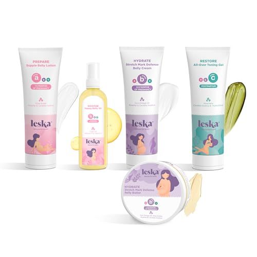 Leska Maternity Set | Belly Lotion, Belly Oil, Stretch Mark Defense Cream &amp; Belly Butter, Toning Gel | Maternity Stages Skin Care for Pregnancy &amp; Postpartum |New Mom Gifts (Set of 5, 4-4.93oz each)