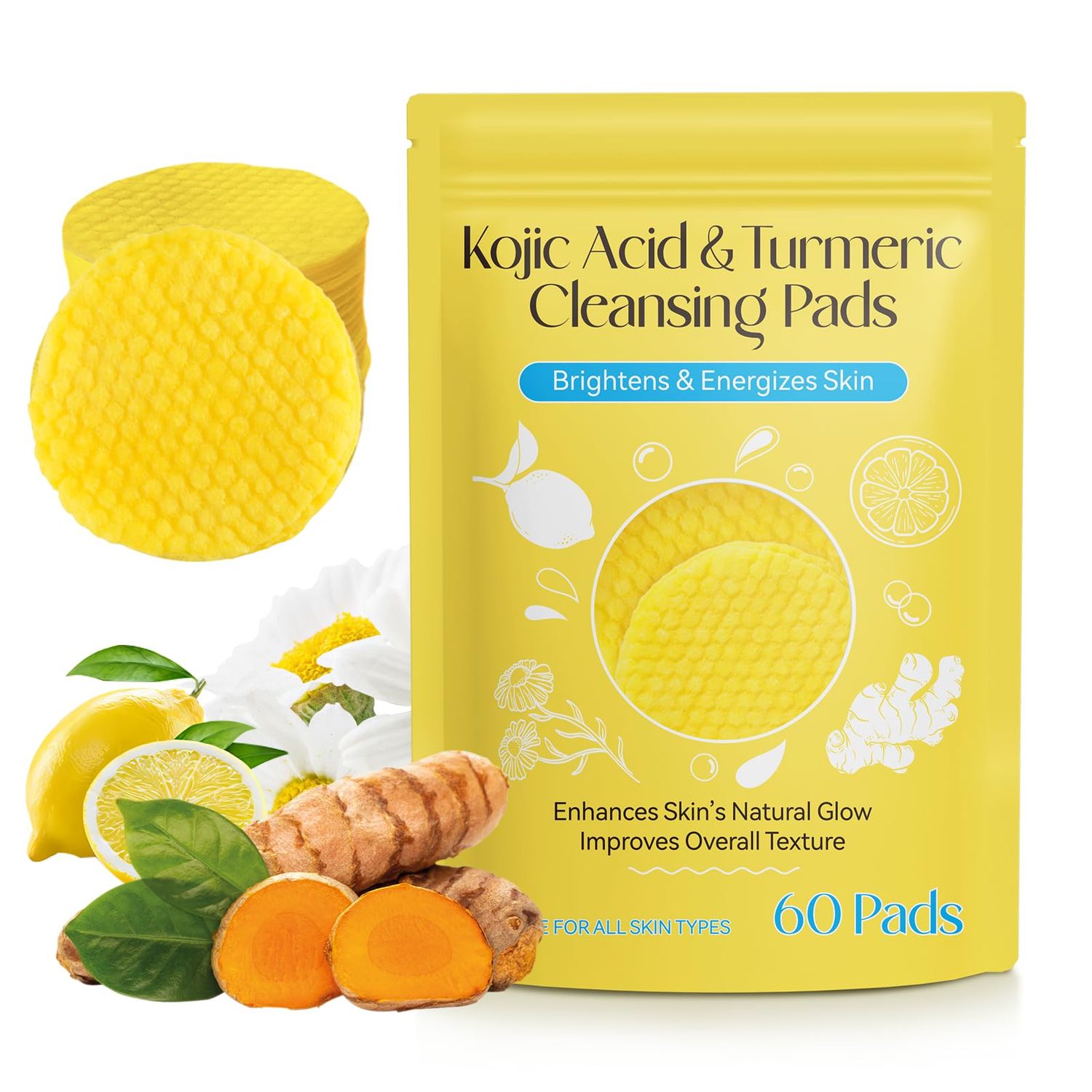 Turmeric Kojic Acid Cleansing Pads, 60Pcs Kojic Acid and Turmeric Cleansing Pads for Face, Turmeric Face Scrub Pads, Turmeric Kojic Acid Pads for Face Cleansing &amp; Exfoliation Balance Skin Oil &amp; Water