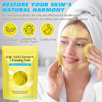 Turmeric Kojic Acid Cleansing Pads, 60Pcs Kojic Acid and Turmeric Cleansing Pads for Face, Turmeric Face Scrub Pads, Turmeric Kojic Acid Pads for Face Cleansing & Exfoliation Balance Skin Oil & Water