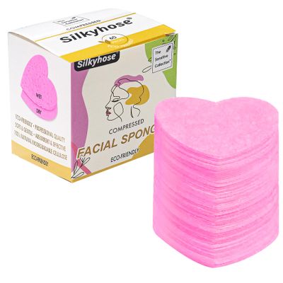 Silkyhose Women 60-Count Compressed Cellulose Heart Shape Face Facial Sponges 100% Natural Cosmetic Sponges for Facial Cleansing Exfoliating Mask Skin Massage (Pink)
