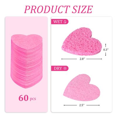 Silkyhose Women 60-Count Compressed Cellulose Heart Shape Face Facial Sponges 100% Natural Cosmetic Sponges for Facial Cleansing Exfoliating Mask Skin Massage (Pink)