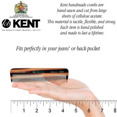 Kent FOT Handmade Fine Tooth Saw Cut Beard and Hair Comb - Pocket Travel Styling Comb for Fine or Thinning Hair, Beard Care Essential Kit