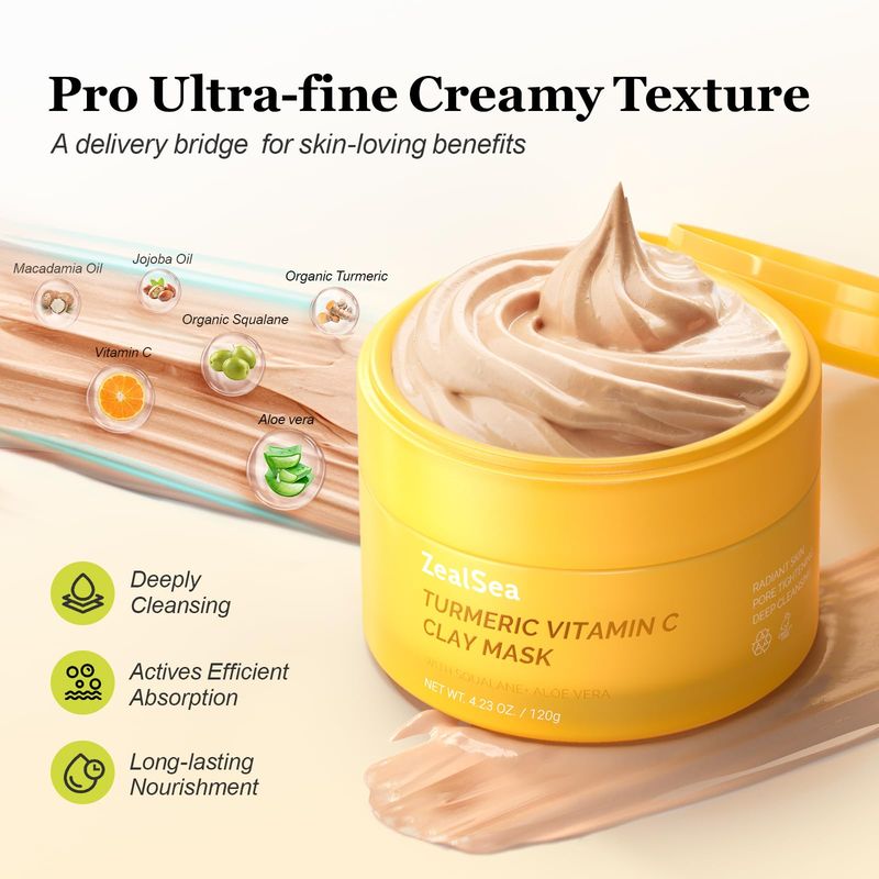 ZealSea Vitamin C American Kaolin Clay Mask with Turmeric, Pro Ultra-Fine Creamy Texture, Deep Pore Cleansing Even Skin Tone Brighten Control Oil Detoxify, 30% Aloe, Jojoba Oil, Shea Butter &amp; Squalane