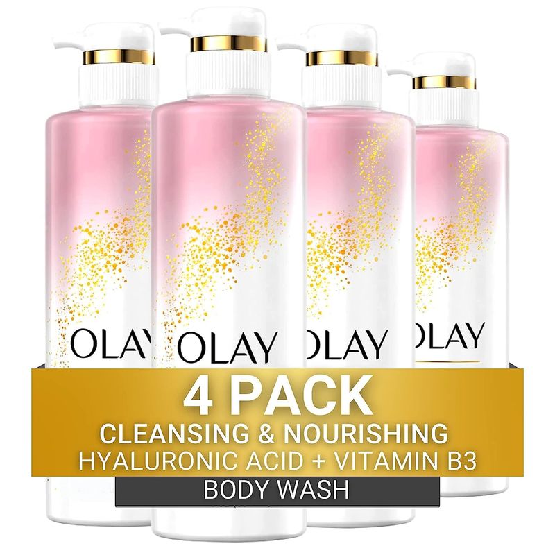 Olay Body Wash Cleansing &amp; Nourishing for Women with Hyaluronic Acid &amp; Vitamin B3 Complex, Long Lasting Hydration, 20 fl oz (Pack of 4)