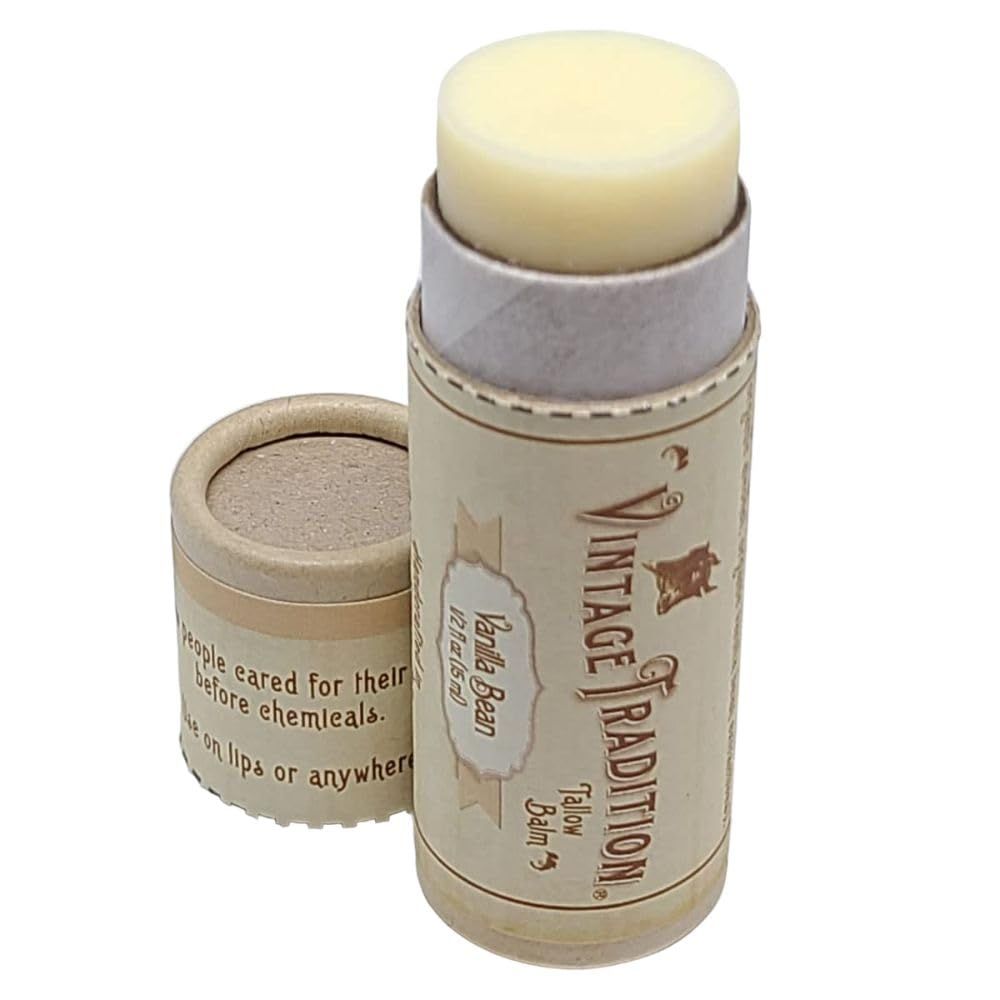 Vintage Tradition Moisturizing Beef Tallow Lip Balm - Tube Lip Moisturizer with Vanilla Extract Hydrates &amp; Soothes Dry Lips - Grass-Fed Tallow Balm for Skin Care, 0.5 Fl. Oz.