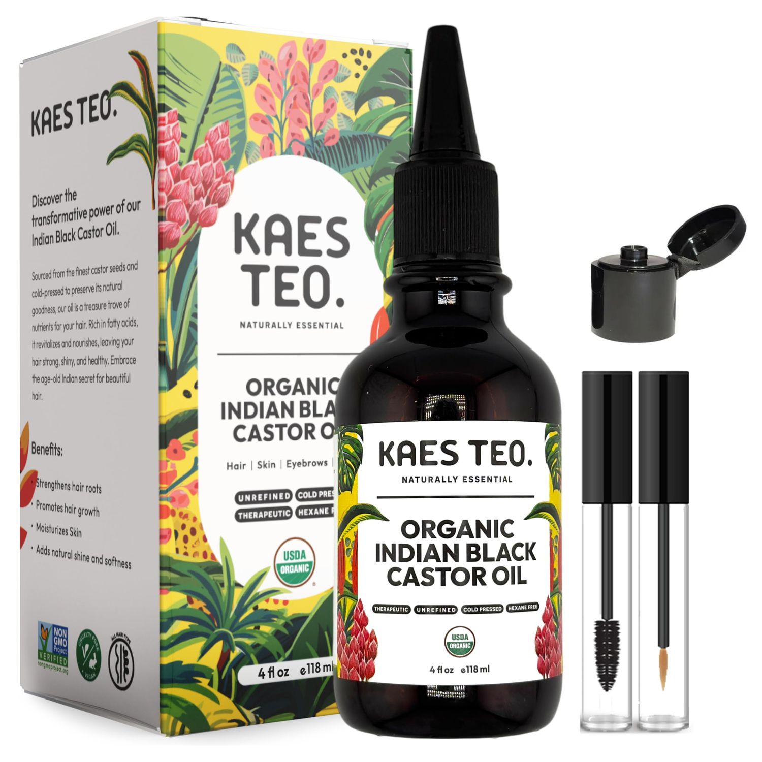 Organic Black Castor Oil Hair Growth Oil, 100% Pure, Hexane Free Cold Pressed - USDA Certified, Skin Care, Nail Care, Scalp Oil, Deep Moisture, Thicker Eyebrows &amp; Eyelashes, Women | Men (4 Fl Oz)
