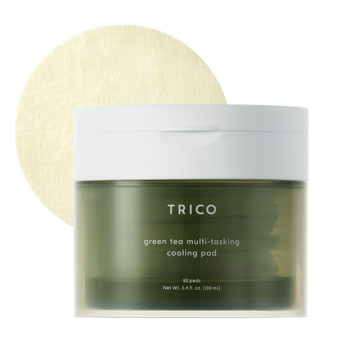 TRICO Green Tea Multi-Tasking Cooling Pad, 3-1 Korean Toner Pads with Depuffing, Cooling &amp; Moisturizing Effects for All Skin Types - Green Tea Water from Jeju Island, Lemon &amp; Honey Extract - 90 Pads