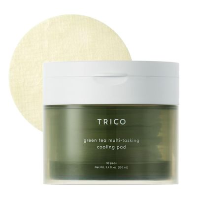 TRICO Green Tea Multi-Tasking Cooling Pad, 3-1 Korean Toner Pads with Depuffing, Cooling &amp; Moisturizing Effects for All Skin Types - Green Tea Water from Jeju Island, Lemon &amp; Honey Extract - 90 Pads