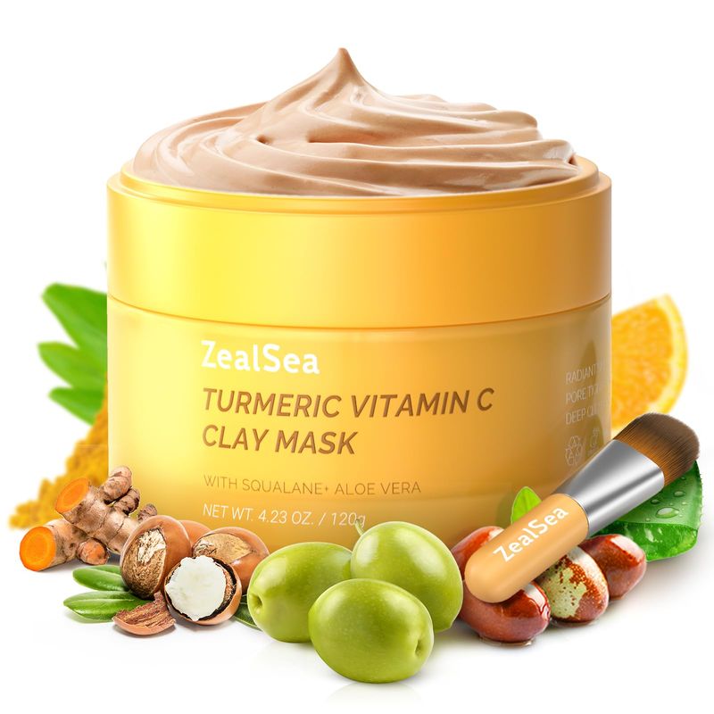 ZealSea Vitamin C American Kaolin Clay Mask with Turmeric, Pro Ultra-Fine Creamy Texture, Deep Pore Cleansing Even Skin Tone Brighten Control Oil Detoxify, 30% Aloe, Jojoba Oil, Shea Butter &amp; Squalane