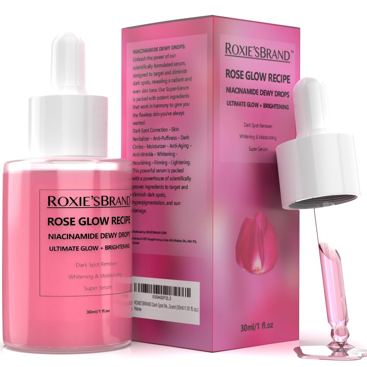 ROXIE&#39;SBRAND Niacinamide Serum: 10% Niacinamide, 4% Tranexamic Acid, 2% Arbutin, 2% Vitamin C, Hyaluronic Acid, Vitamin B12, Ceramides, Natural Rose Scent (30ml /1.01 fl. oz.)