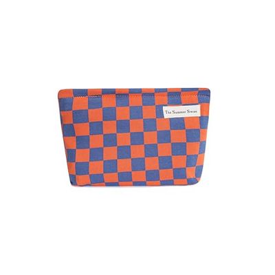 The Summer Swan | Large Aesthetic Makeup Bag | Floral Makeup Bag | Mid-day Clutch | Period Kit Bag | Hygiene Bag | Skincare Bag | Cute Makeup Bag (Colour Block Checkered Orange Navy)