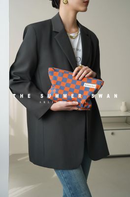 The Summer Swan | Large Aesthetic Makeup Bag | Floral Makeup Bag | Mid-day Clutch | Period Kit Bag | Hygiene Bag | Skincare Bag | Cute Makeup Bag (Colour Block Checkered Orange Navy)