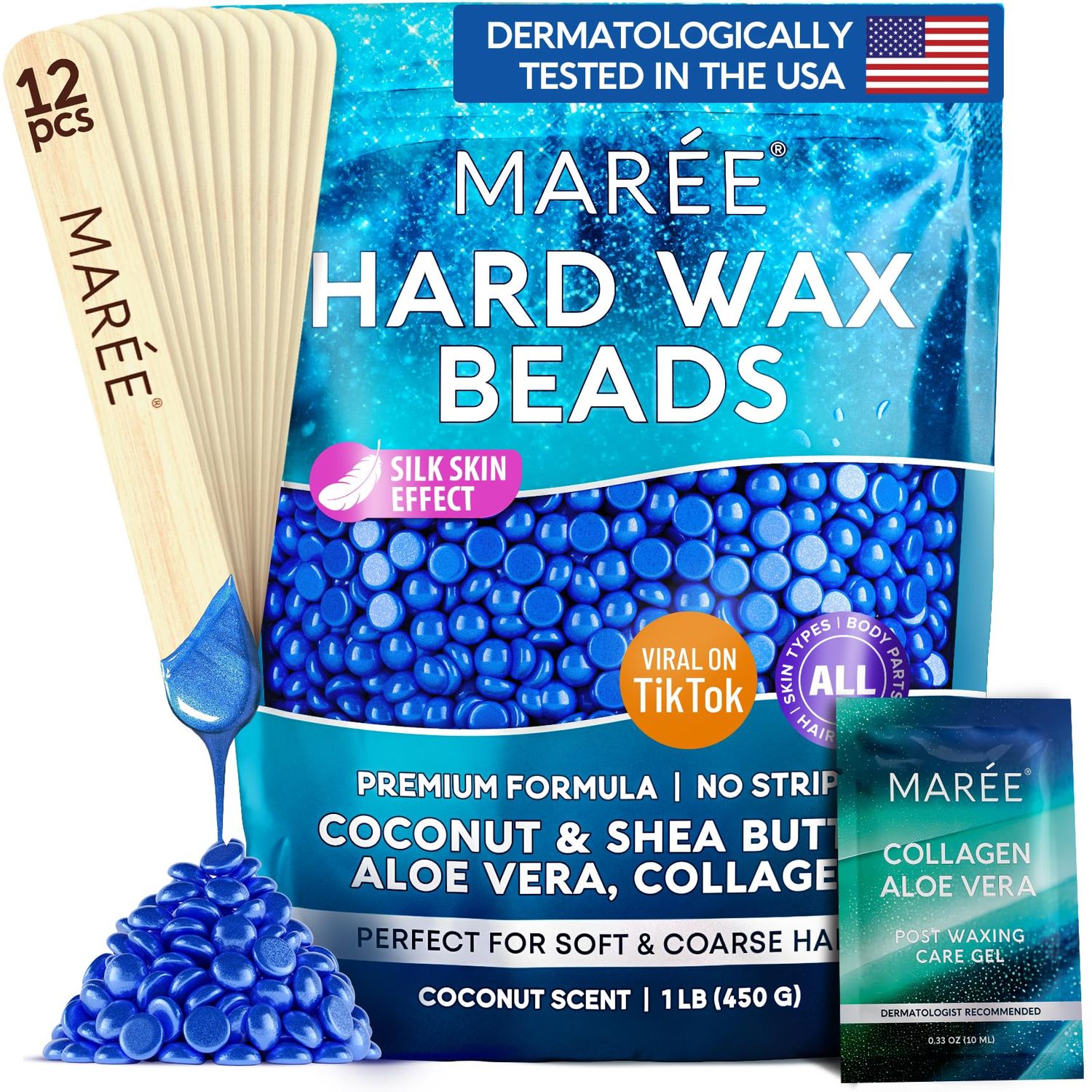 MAREE Hard Wax Beads - Hair Removal Wax Kit with Marine Collagen Shea Butter &amp; Aloe Vera - Bikini Wax Beads, Body Wax Beads for Sensitive Skin - 450G