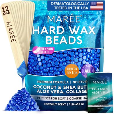 MAREE Hard Wax Beads - Hair Removal Wax Kit with Marine Collagen Shea Butter &amp; Aloe Vera - Bikini Wax Beads, Body Wax Beads for Sensitive Skin - 450G