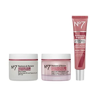 No7 Restore &amp; Renew Face &amp; Neck Multi Action Skincare System - SPF 30 Face Moisturizer &amp; Anti-Aging Facial Serum For Deep Wrinkle Repair + Hydrating Night Cream with Hyaluronic Acid - (3 Piece Kit)
