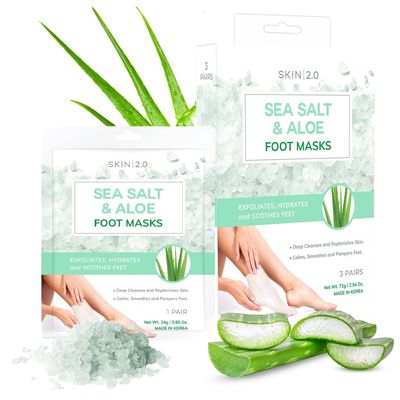 Skin 2.0 Sea Salt &amp; Aloe Foot Masks - Cracked Heel Treatment, Soothing &amp; Hydrating, Exfoliating Foot Mask - Dermatologist Tested Korean Skincare - Clean Beauty, Cruelty-Free, All Skin Types - 3 Pairs