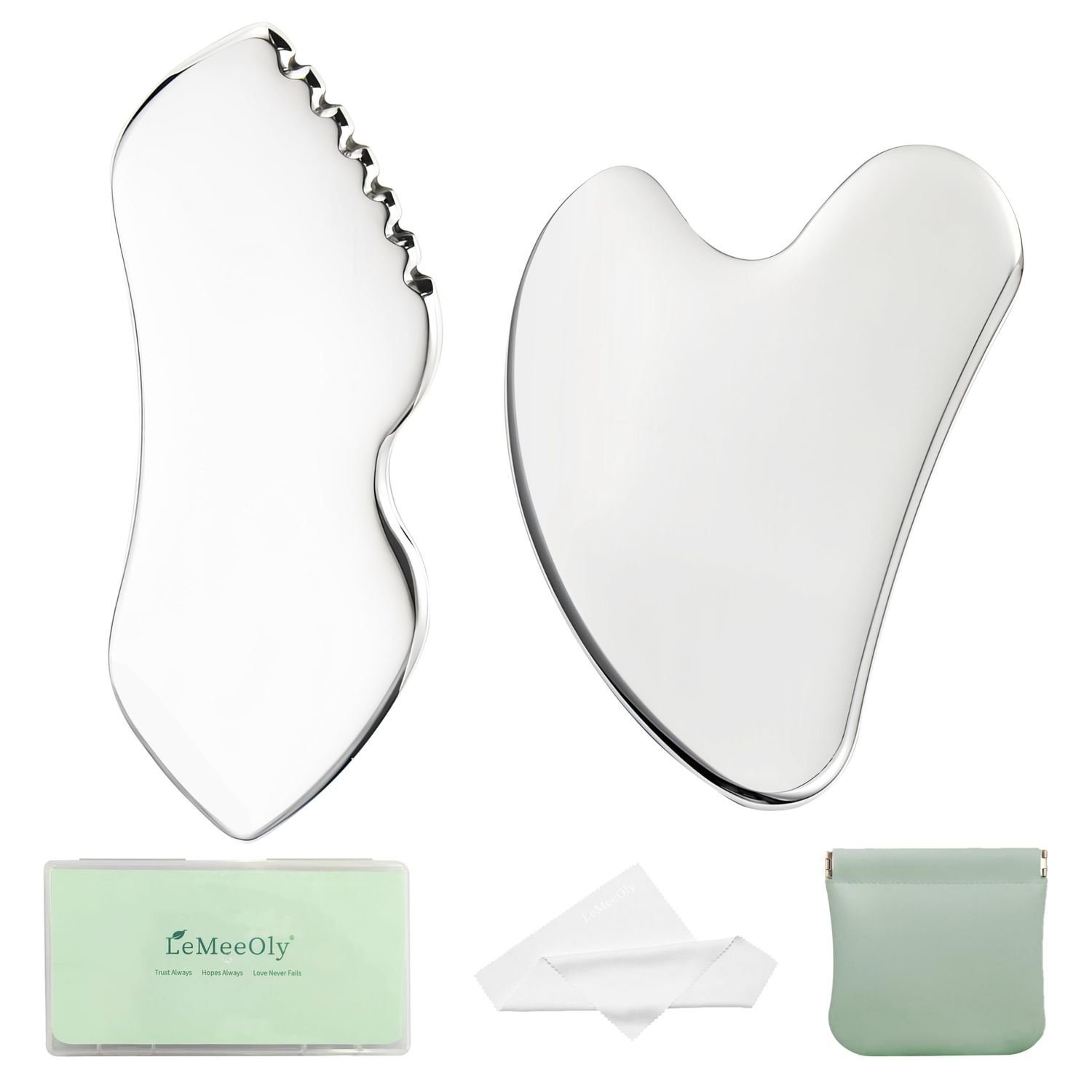 LeMeeOly 2Pcs Gua Sha Facial Tools Stainless Steel, Detailer GuaSha Set for Face Neck, Natural Skin Care Metal Gua Sha Lymphatic Drainage Face Massage Tool, Gift for Women
