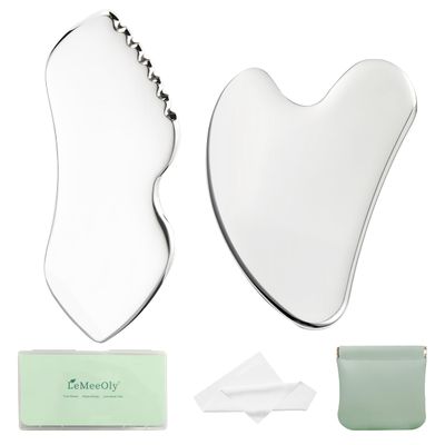LeMeeOly 2Pcs Gua Sha Facial Tools Stainless Steel, Detailer GuaSha Set for Face Neck, Natural Skin Care Metal Gua Sha Lymphatic Drainage Face Massage Tool, Gift for Women