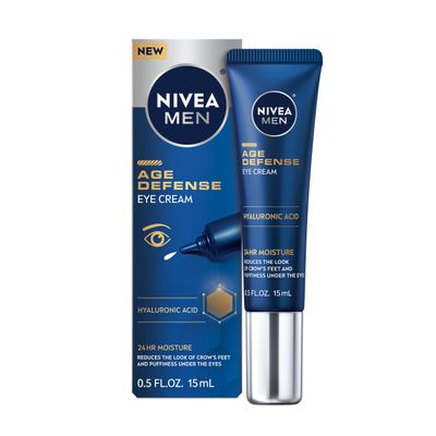 Nivea Men Age Defense Eye Cream with Hyaluronic Acid, 24-Hour Hydrating Under Eye Cream for Men Helps Reduce Look of Crow&#39;s Feet, Fine Lines and Dark Circles, 0.5 Fl Oz Tube