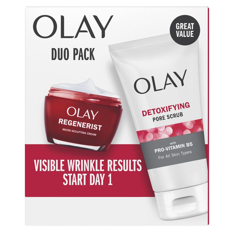 Olay Face Wash Regenerist Advanced Anti-Aging Pore Scrub Cleanser (5.0 Oz) and Micro-Sculpting Face Moisturizer Cream (1.7 Oz) Skin Care Duo Pack, Total 6.7 Ounces