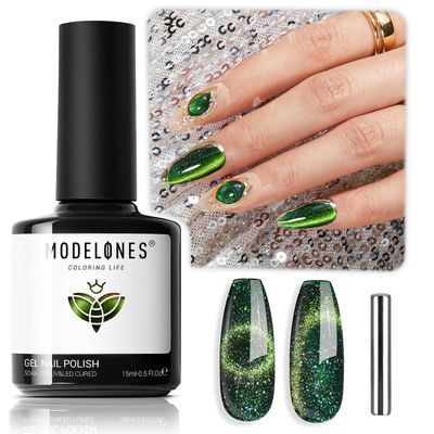 modelones Cat Eye Gel Nail Polish,15 ML Green Gel Nail Polish Christmas Sparkle Reflective Glitter Gel Polish Winter Dark Green Polish 9D with Magnet Soak Off LED Nail Art Gel DIY Salon