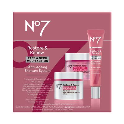 No7 Restore &amp; Renew Face &amp; Neck Multi Action Skincare System - SPF 30 Face Moisturizer &amp; Anti-Aging Facial Serum For Deep Wrinkle Repair + Hydrating Night Cream with Hyaluronic Acid - (3 Piece Kit)