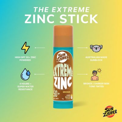 Sun Zapper (Bronze) Extreme Zinc Stick - Bronze/Darker Skin Tone Mineral Sunscreen Stick SPF50+ UVA/UVB+ Unbeatable Sun Protection Sunblock, Sun Cream Made in Australia