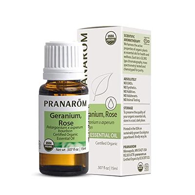 Pranarom USDA Certified Organic Rose Geranium Essential Oil (15ml), 100% Pure Undiluted Therapeutic Grade from Madagascar for Aromatherapy, Diffuser, Skincare, Relaxation, Pure Rose Scent