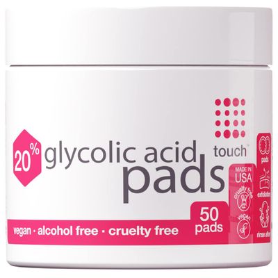 TOUCH 20% Glycolic Acid Pads Exfoliating And Resurfacing AHA Peel Face Wipes - Great for Dullness, Pores, Scars, Fine Wrinkles, Uneven Skin Tone &amp; Texture, 50 Count