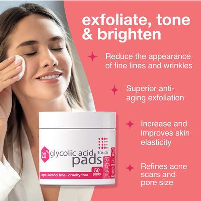 TOUCH 20% Glycolic Acid Pads Exfoliating And Resurfacing AHA Peel Face Wipes - Great for Dullness, Pores, Scars, Fine Wrinkles, Uneven Skin Tone &amp; Texture, 50 Count