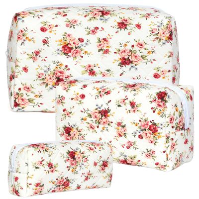 Viwomsh Quilted Makeup Bag Set,Large Quilted Floral Cosmetic Bag For Women,Cute Cotton Makeup Brushes Storage Bags Flower Travel Toiletry Organizer Bag(Red Rose)