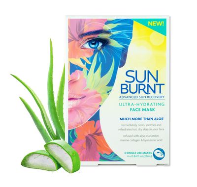 Sunburnt Ultra-Hydrating Face Sheet Mask, Advanced Sun Recovery, Treat Dry Sun Damaged Skin, For After Sun Exposure, Much More than Aloe, Soothes and Rehydrates Hot Dry Skin (4 single use masks)