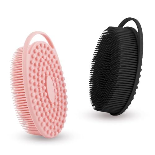Soft Silicone Body Scrubber 2 PCS Silicone Body Shower, Silicone Loofah 2 in 1 Bath and Shampoo Brush, Body Scrubber Shower Cleaning Exfoliating Use for Sensitive Skin, Lather Well(Black and Pink)