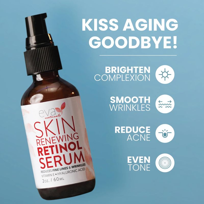 Retinol Serum for Face with Hyaluronic Acid &amp; Vitamin E - For Anti-Aging, Fine Lines, Wrinkles, Resurfacing, Acne Marks and Scars, Skin Brightening, Dark Spot Correction Night Serum - 2oz