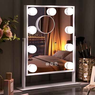 Misavanity Vanity Mirror with Lights 9 LED Bulbs 9.84&quot; x11.81&quot; Makeup Mirror with Lights 360 Rotation Dimmable 3 Color Lighting Modes Detachable 10x Magnification Mirror for Tabletop Bedroom, White