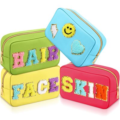 Sanwuta 4 Pcs Hair Face Skin Travel Bag Set Preppy Makeup Pouch PU Leather Skincare Bag Waterproof Cosmetic Organizer Birthday Christmas Gifts(Yellow, Blue, Green, Rosy,Fresh Style)