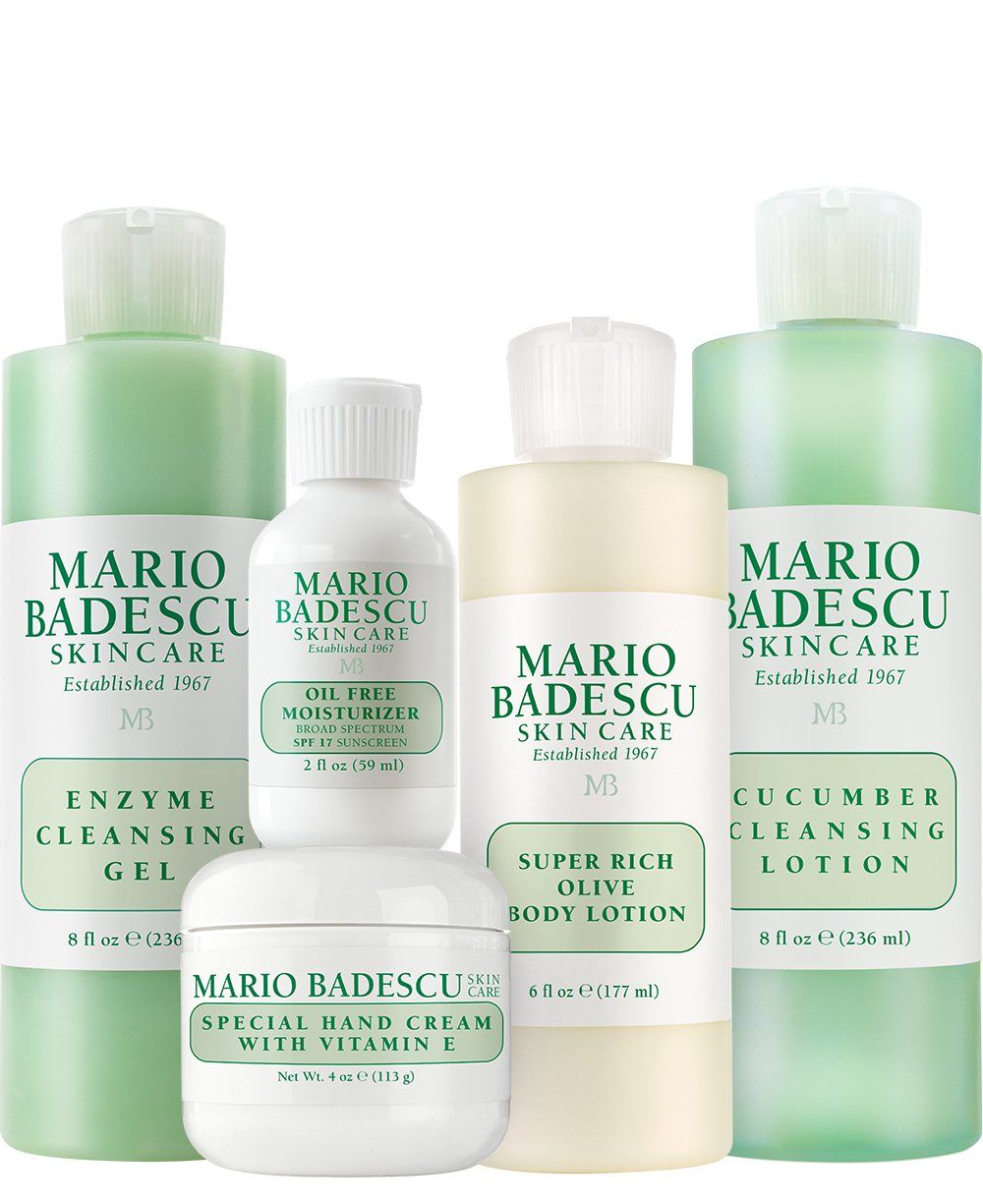 Mario Badescu MB Favorites Collection, Skin Care Gift Set Includes SPF 17 Moisturizer, Enzyme Cleansing Gel, Cucumber Cleansing Lotion, Hand Cream, Body Lotion, Cosmetic Bag &amp; Compact Mirror