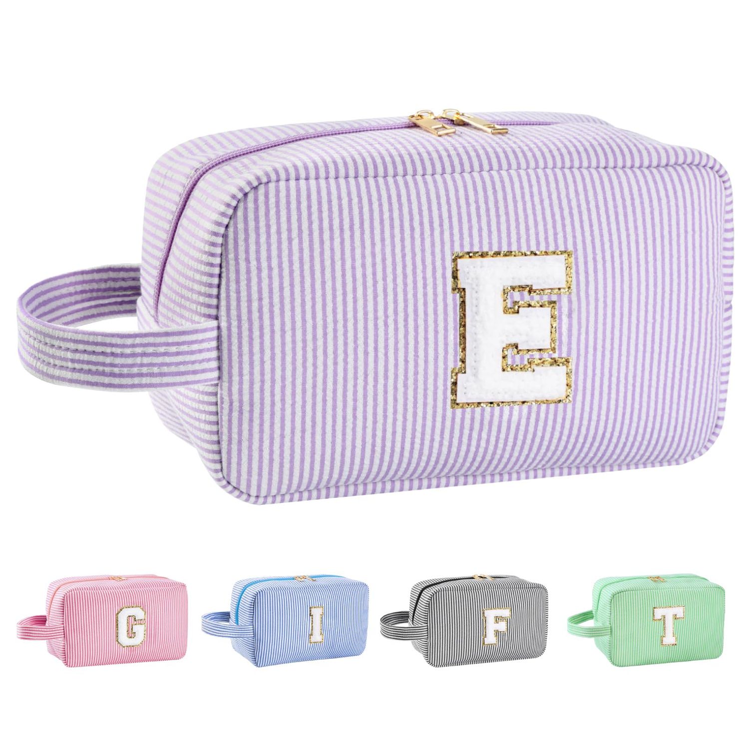 Huifen Personalized Initial Makeup Bag A-Z, Travel Toiletry Bag Preppy Make Up Bags Girls Cute Cosmetic Pouch Makeup Organizer Wedding Valentine&#39;s Day Birthday Christmas Gifts for Women (Purple, E)