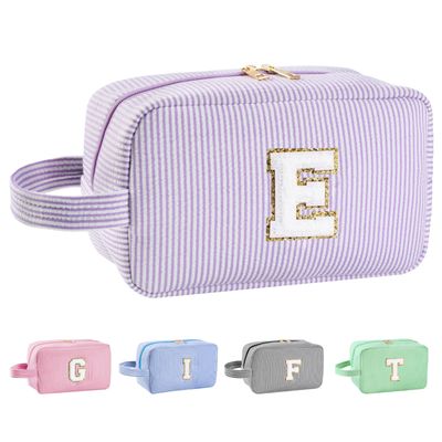 Huifen Personalized Initial Makeup Bag A-Z, Travel Toiletry Bag Preppy Make Up Bags Girls Cute Cosmetic Pouch Makeup Organizer Wedding Valentine&#39;s Day Birthday Christmas Gifts for Women (Purple, E)