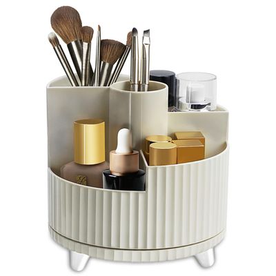 IOUGDSEC 360Rotating Makeup Organiser Brush Holder, Milky White Cosmetic Organisers with 5 Compartments, Multifunctional Skincare Storage Perfume Jewellery Box for Dresser Bathroom Bedroom