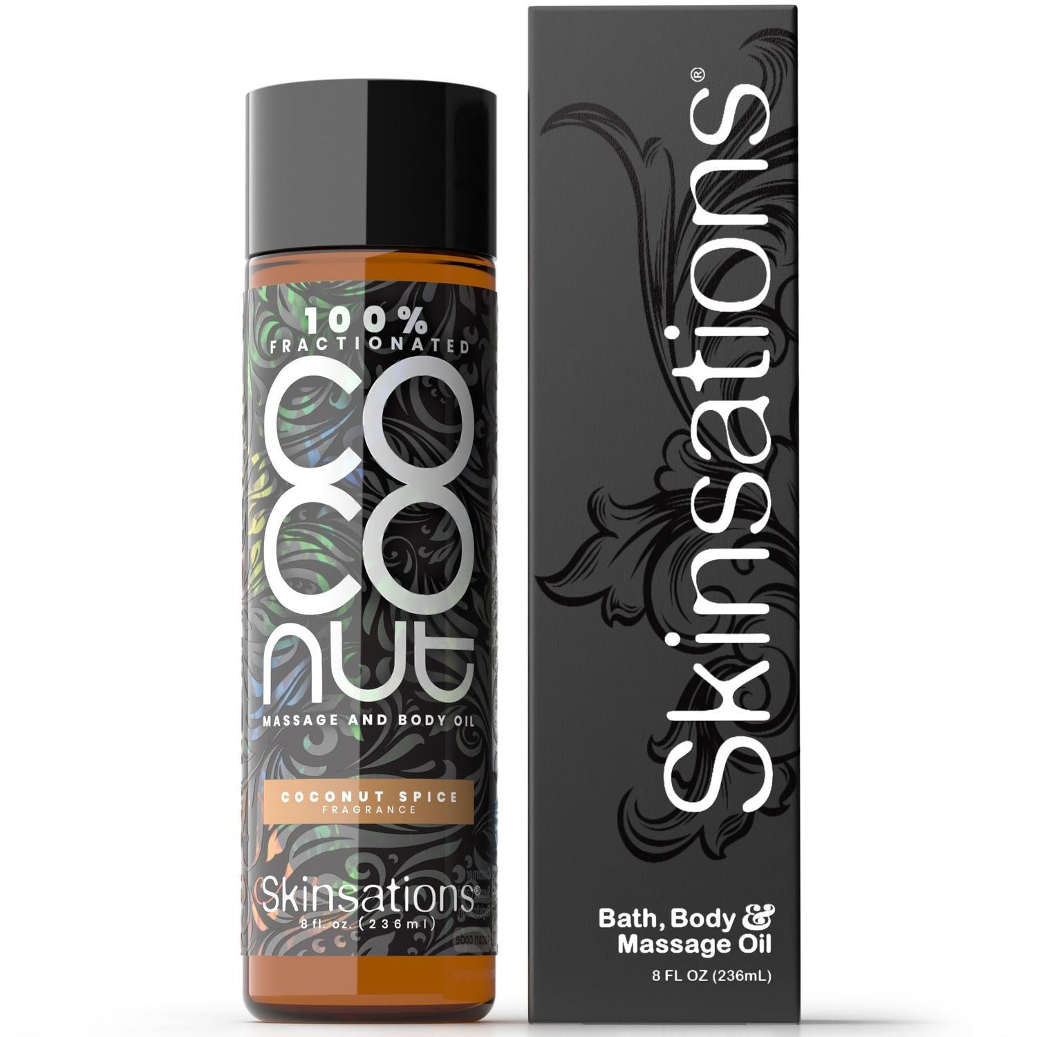 Skinsations - Scented Body Oil - Coconut Spice - 100% Fractionated COCONUT Oil - Fragrance Oil for Skin, After Shower Body Oil for Women and Men, Body Moisturizer, Bath Oil, Hydrating Massage Oil