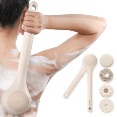 Oh,XIYU. Electric Body Brush Back Scrubber for Shower, Rechargeable Long Dual Handle Bath Brush with 3 Brush Heads, 2 Speeds &amp; Waterproof, for Cleansing, Exfoliating, Massaging Skin (Chrysanth Pink)