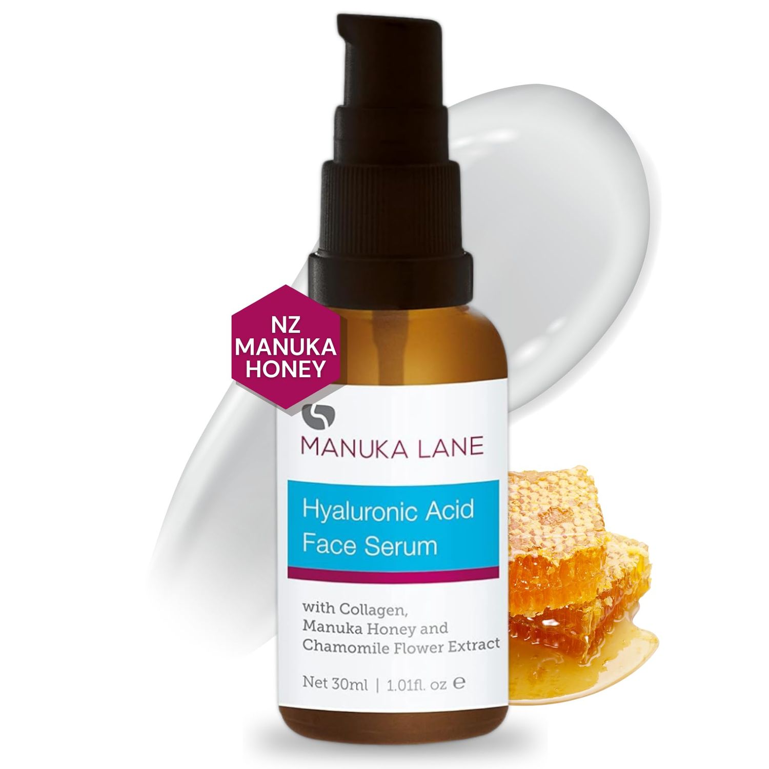 Hyaluronic Acid Serum for Face and Neck with Collagen, Manuka Honey &amp; Chamomile Flower Extract | Plant Based Formula | Carefully formulated to keep your skin young and healthy!