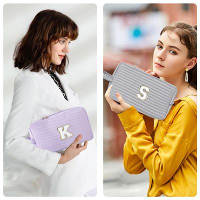 Huifen Personalized Initial Makeup Bag A-Z, Travel Toiletry Bag Preppy Make Up Bags Girls Cute Cosmetic Pouch Makeup Organizer Wedding Valentine's Day Birthday Christmas Gifts for Women (Purple, E)
