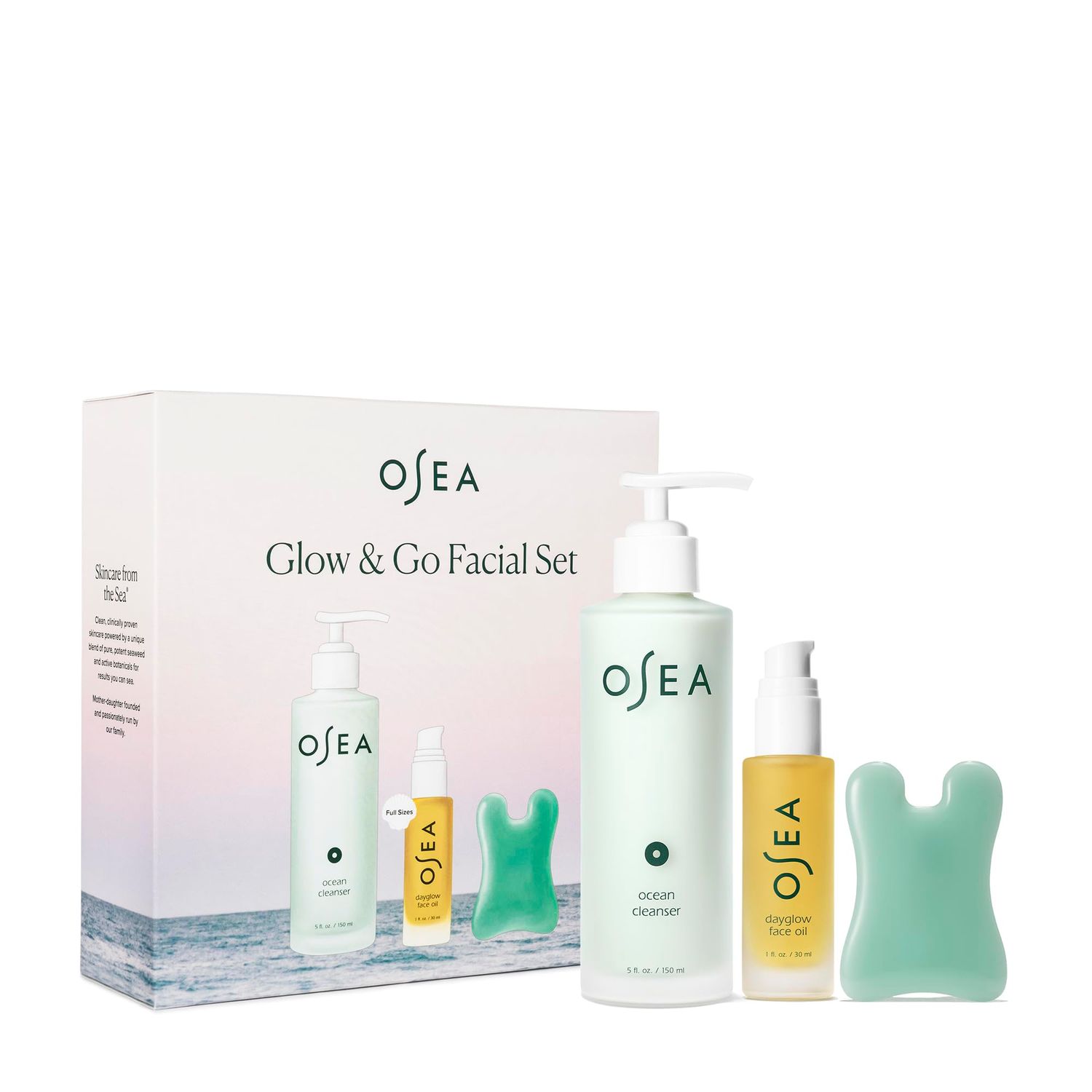OSEA Glow &amp; Go Facial Full Size Set - Includes Full Size Ocean Facial Cleanser (5oz), DayGlow Face Oil (1oz), Gua Sha Sculptor - Clean Beauty Set - Radiant Mother&#39;s Day Gift Set