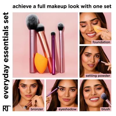 Real Techniques 5 Piece Everyday Essentials Makeup Brush Set, Includes 4 Brushes &amp; Makeup Sponge, For Foundation, Blush, Bronzer, Contour, Eyeshadow, &amp; Powder, Travel Gift Set, Cruelty-Free &amp; Vegan