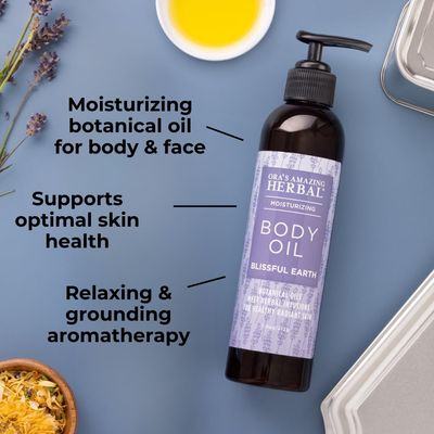 Lavender Bath Oil, Herbal Infused Moisturizing Body Oil for Women with Organic Jojoba Calendula Thyme Vetiver for Relaxation &amp; Dry Skin, Blissful Earth Scent with Pump 7.5 oz